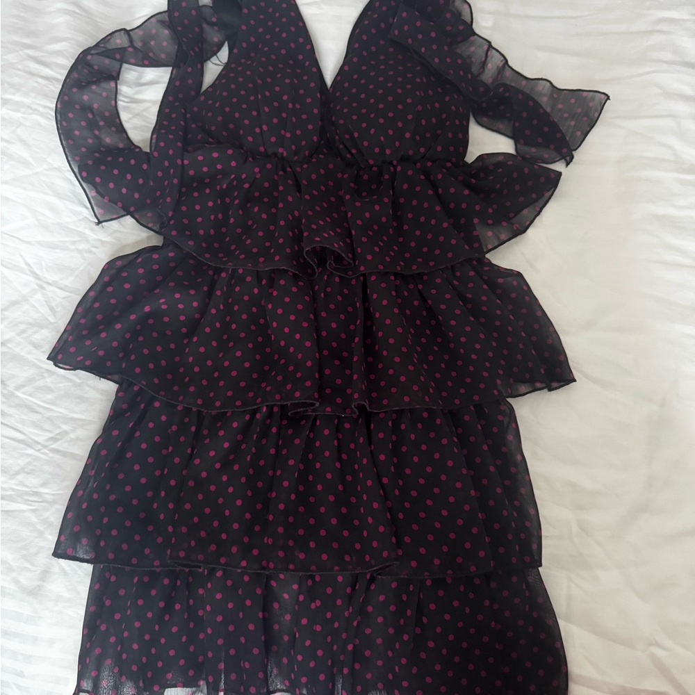 Black and Pink Polka Dot Ruffle Dress